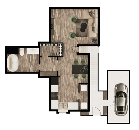 A floor plan of a house with a garage and a car.